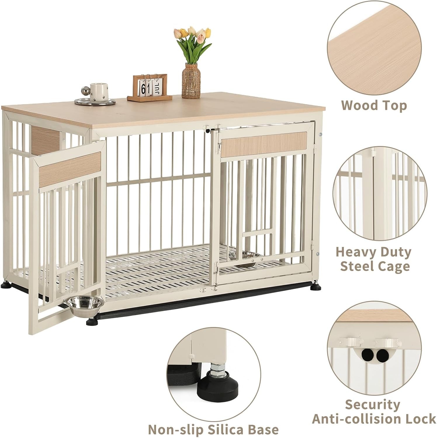 48 Inch Heavy Duty Dog Crate Furniture with Removable Tray & 2 Feeders, Decorative Pet House End Table, Extra Large Wooden Cage Kennel Furniture Indoor, Natural and White