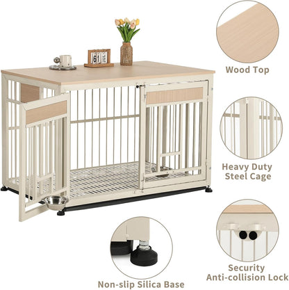 48 Inch Heavy Duty Dog Crate Furniture with Removable Tray & 2 Feeders, Decorative Pet House End Table, Extra Large Wooden Cage Kennel Furniture Indoor, Natural and White