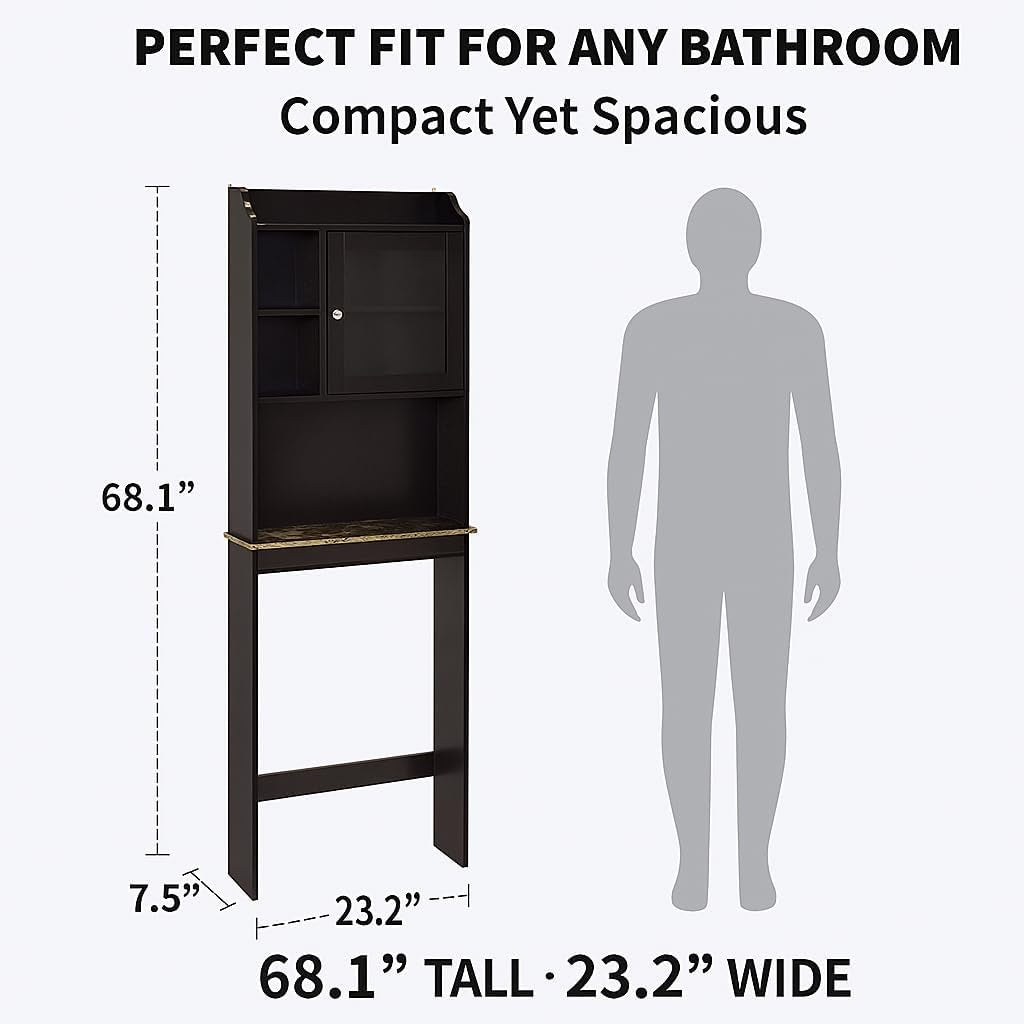 Over Toilet Space Saver Cabinet – Bathroom Organizer with Enclosed Door, Open Storage & Marble-Look Shelf (Espresso)