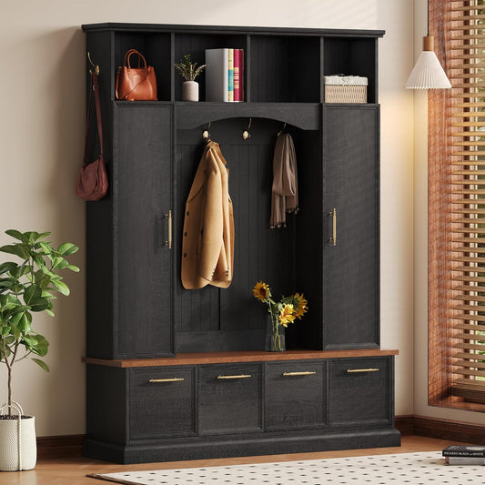 59" Farmhouse Hall Tree with Golden Hooks & Walnut Bench, Entryway Organizer with Adjustable Shelves, Shoe Storage, Anti-Tip for Mudroom, Living Room, Black