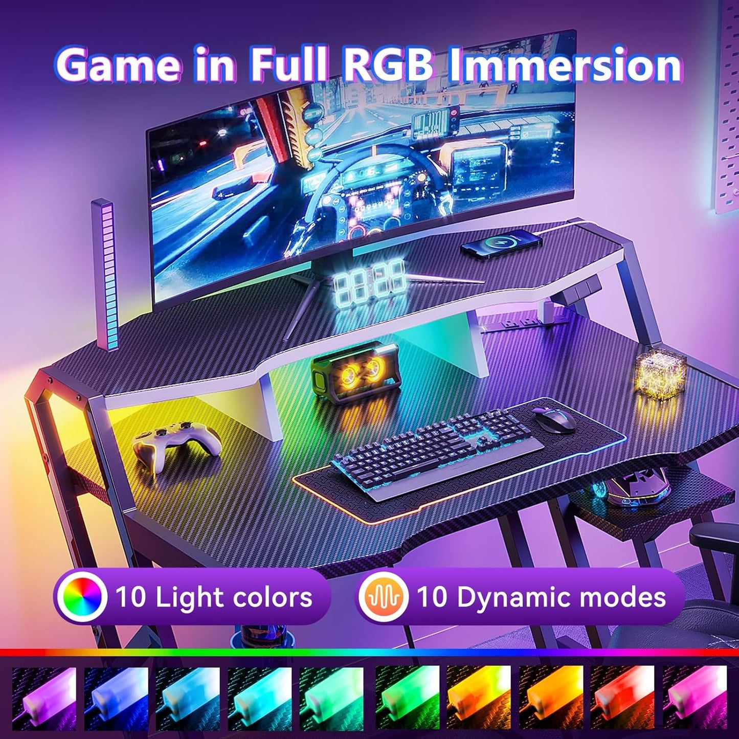 Gaming Desk with Power Outlet & LED Lights, Computer Desk 40 Inch with PC Storage Shelf, Gaming Table with Carbon Fiber Texture, Gamer Desk, Gift for Boys Men, Black