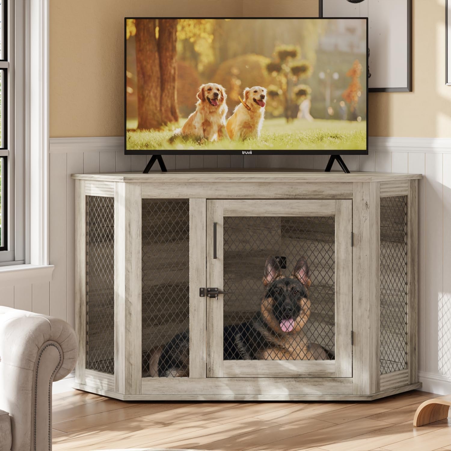 52Inch Corner Dog Crate Furniture,Wooden Dog Kennel Furniture with Mesh,Decorative Wood Dog House for Indoor Use,For Small/Medium/Large Dog,Perfect for Limited Room