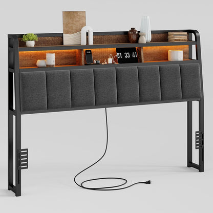 Black and brown upholstered queen headboard with storage, outlets and LED light
