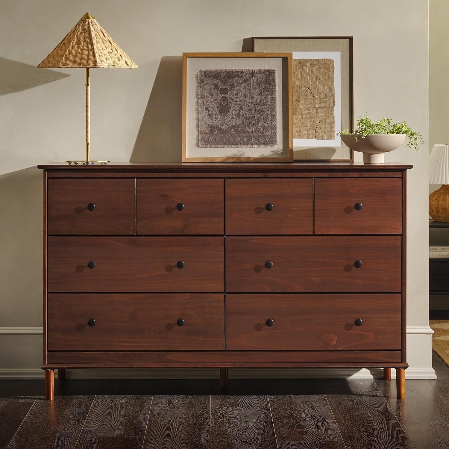 Modern 6-Drawer Solid Wood Dresser Bedroom Storage, 57 Inch, Walnut