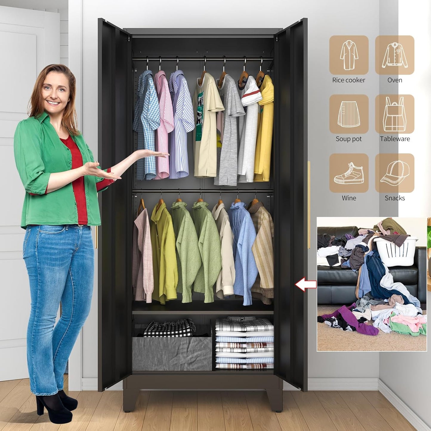 75" Tall Metal Armoire Wardrobe Closet with Mirror Doors, 2 Adjustable Hanging Rods & Adjustable Shelf, Freestanding Storage Cabinet Organizer for Bedroom, Office, Laundry Room, Black