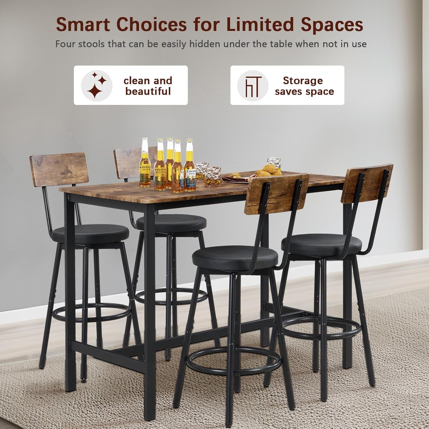Bar Table and Chairs Set of 4, 5 Piece Counter Height High Breakfast Table Chairs Set of 4 for Dining Room, Brown