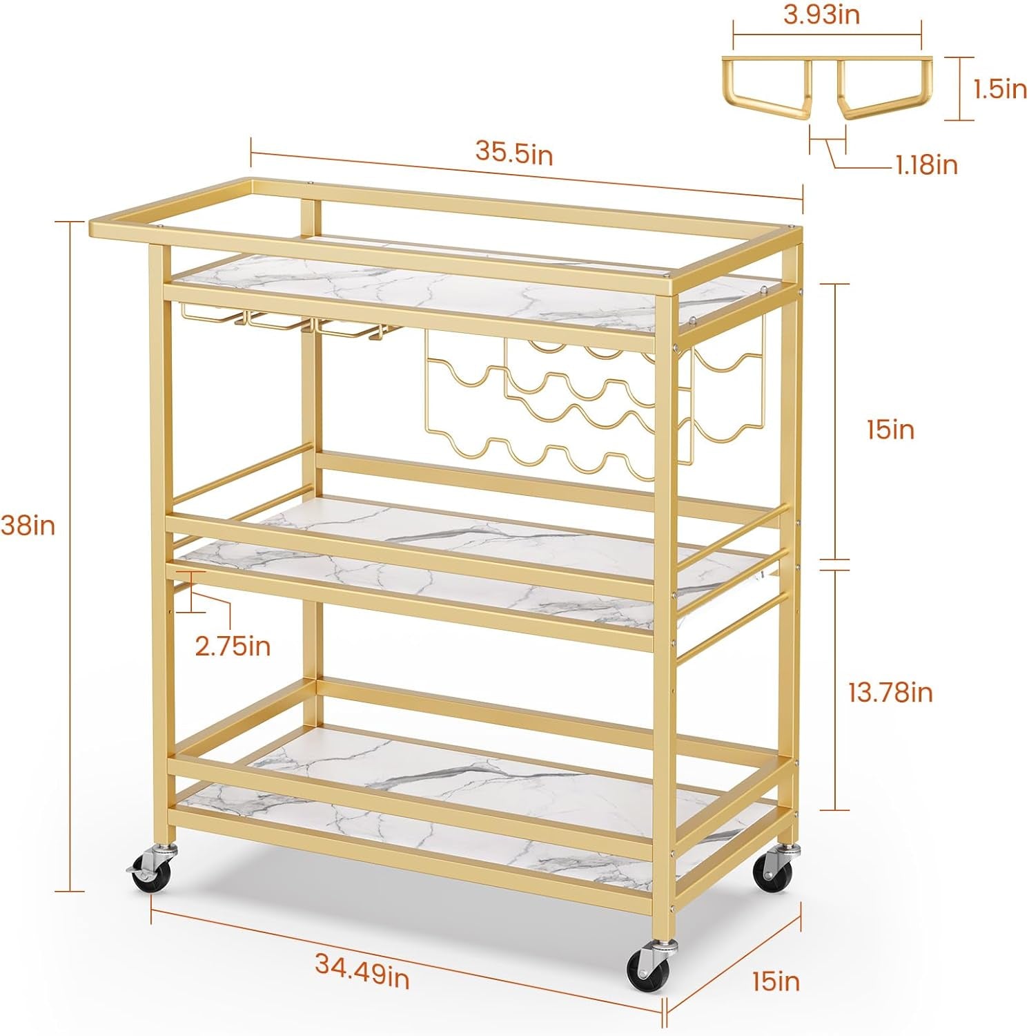 Bar Cart for Home, 3 Tier Gold Serving Rolling Carts with Wheels, Drink Cart, Liquor Stand with Marbled Wooden Shelves, Wine Rack and Glass Holder for Kitchen, Dining Room