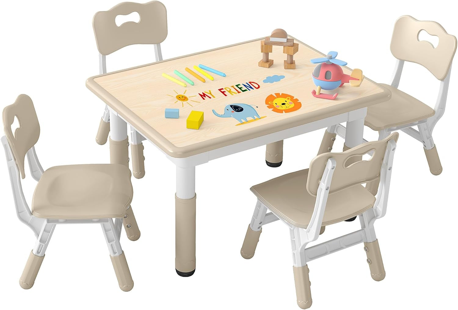 Height-Adjustable Kids Table and 4 Chairs Set, Toddler Table and Chair Set with Graffiti Desktop, 31.5''L X 23.6''W Children Activity Table for Daycare, Classroom, Home