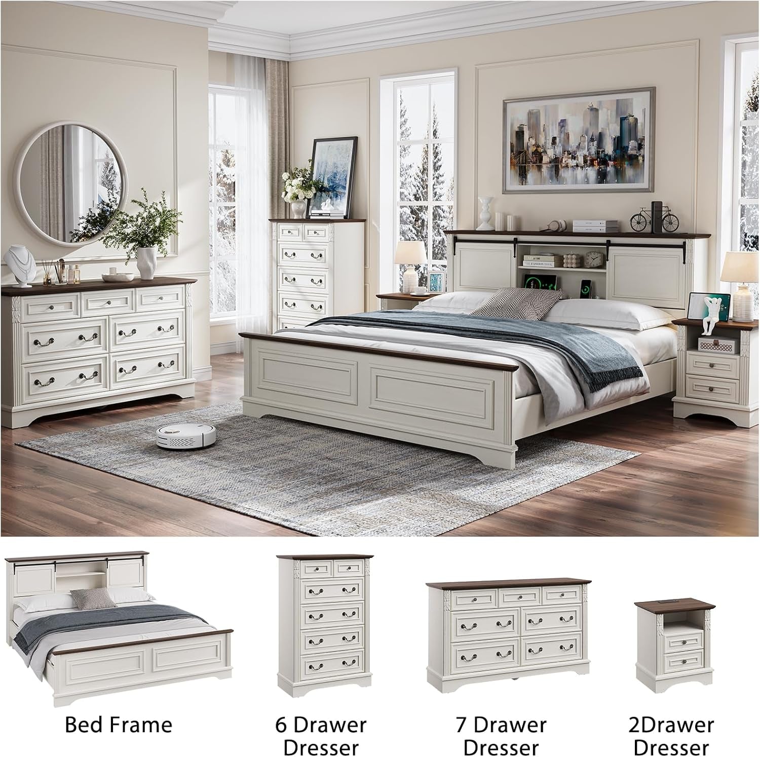 Farmhouse King Size Bed Frame with Storage Headboard, Charging Station, Bracket Footboard, Antique White Bed Frame with Bookcase and Sliding Barn Doors, Noiseless