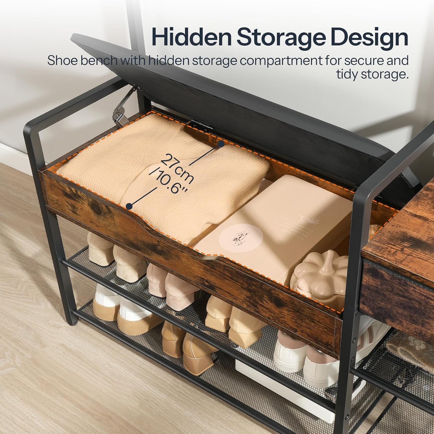 Hall Tree with Bench, Shoe and Coat Rack for Entryway, Coat Rack with Bench, Flip Top Storage Box, PU Cushioned Seat, Non-Woven Fabric Drawer, for Entrance, Rustic Brown and Black BF110MT01