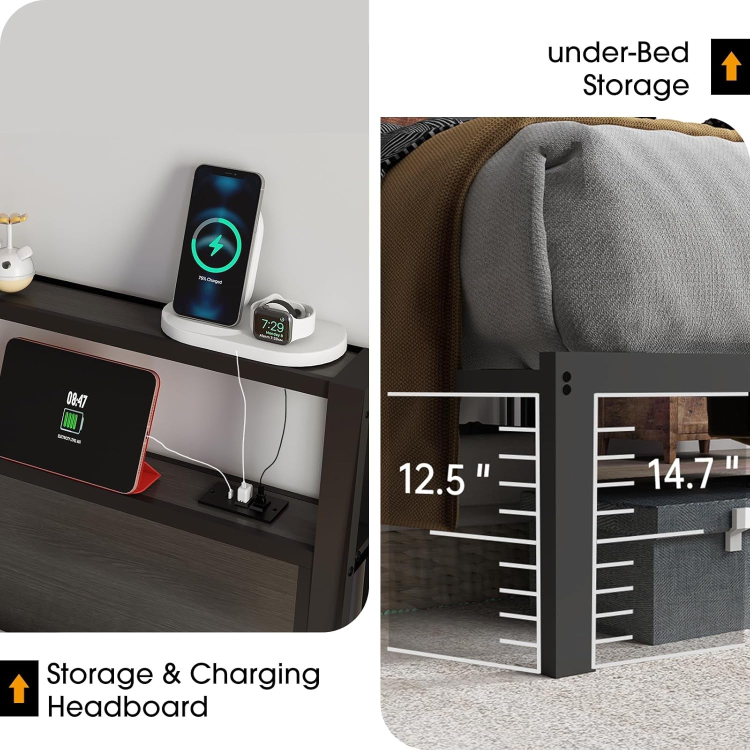 Queen Size Bed Frame with Headboard, Metal Platform Bed Frame with LED Lights & Charging Station, under Bed Storage, Solid and Stable, No Box Spring Needed, Noise Free, Easy Assembly, Dark Grey