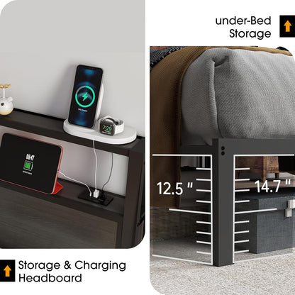 Queen Size Bed Frame with Headboard, Metal Platform Bed Frame with LED Lights & Charging Station, under Bed Storage, Solid and Stable, No Box Spring Needed, Noise Free, Easy Assembly, Dark Grey