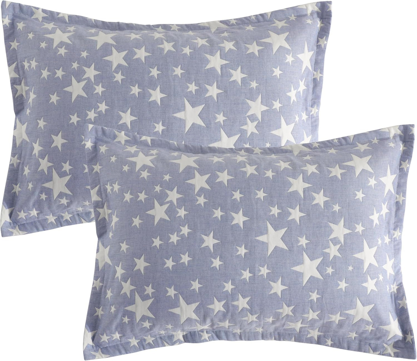 Cotton Standard Pillow Shams, 3 Layer Muslin Breathable Soft Thermal Yarn Dyed Sham Covers, 2 Pack 20X26 Oxford Pillowcases with Envelope Closure, Blue Stars