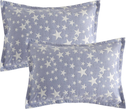 Cotton Standard Pillow Shams, 3 Layer Muslin Breathable Soft Thermal Yarn Dyed Sham Covers, 2 Pack 20X26 Oxford Pillowcases with Envelope Closure, Blue Stars