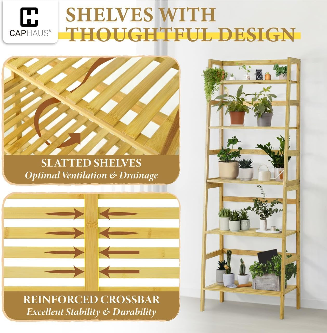 Bookshelf, 5-Tier Ladder Shelf, Floor Bookcase with Bamboo Frame,Freestanding Storage Shelves Corner Shelf, for Living Room,Home Office,Bedroom,Kitchen,Bathroom,Plant Stand,White