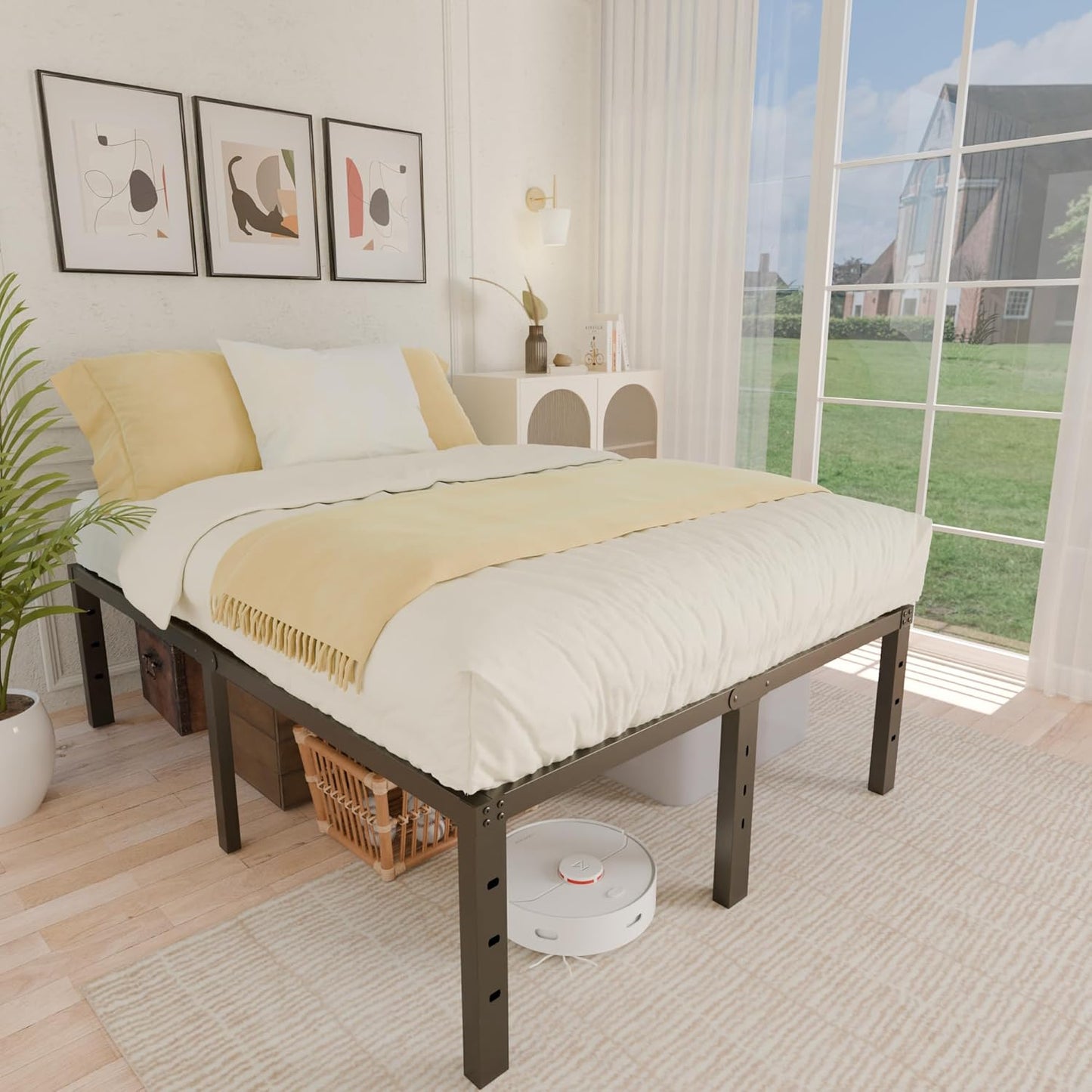 18 Inch Metal Full Size Bed Frame - Black Basic Steel Slats Platform, Easy Assembly Heavy Duty Noise Free Bedframes, No Box Spring Needed