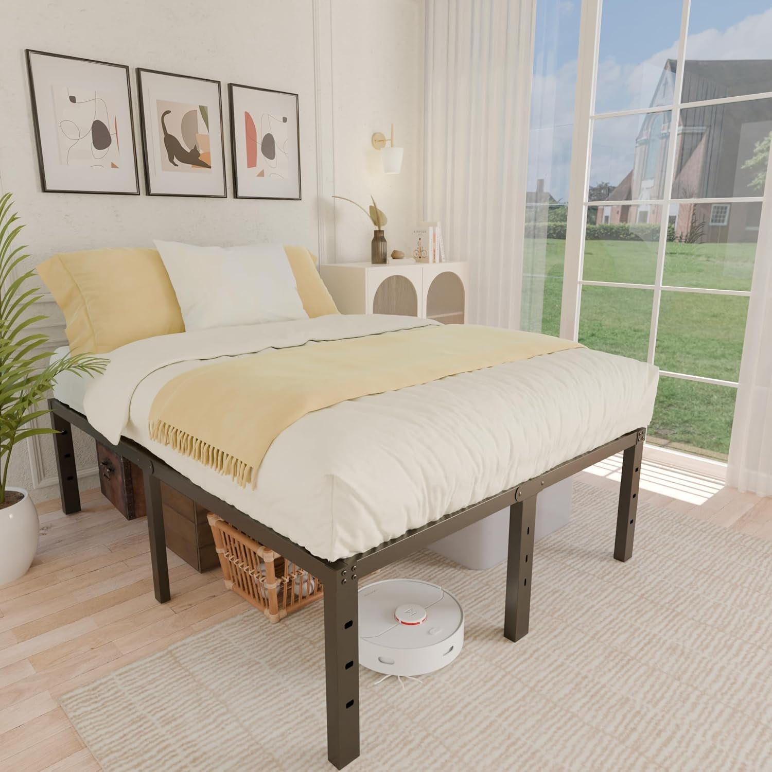 18 Inch Metal Full Size Bed Frame - Black Basic Steel Slats Platform, Easy Assembly Heavy Duty Noise Free Bedframes, No Box Spring Needed