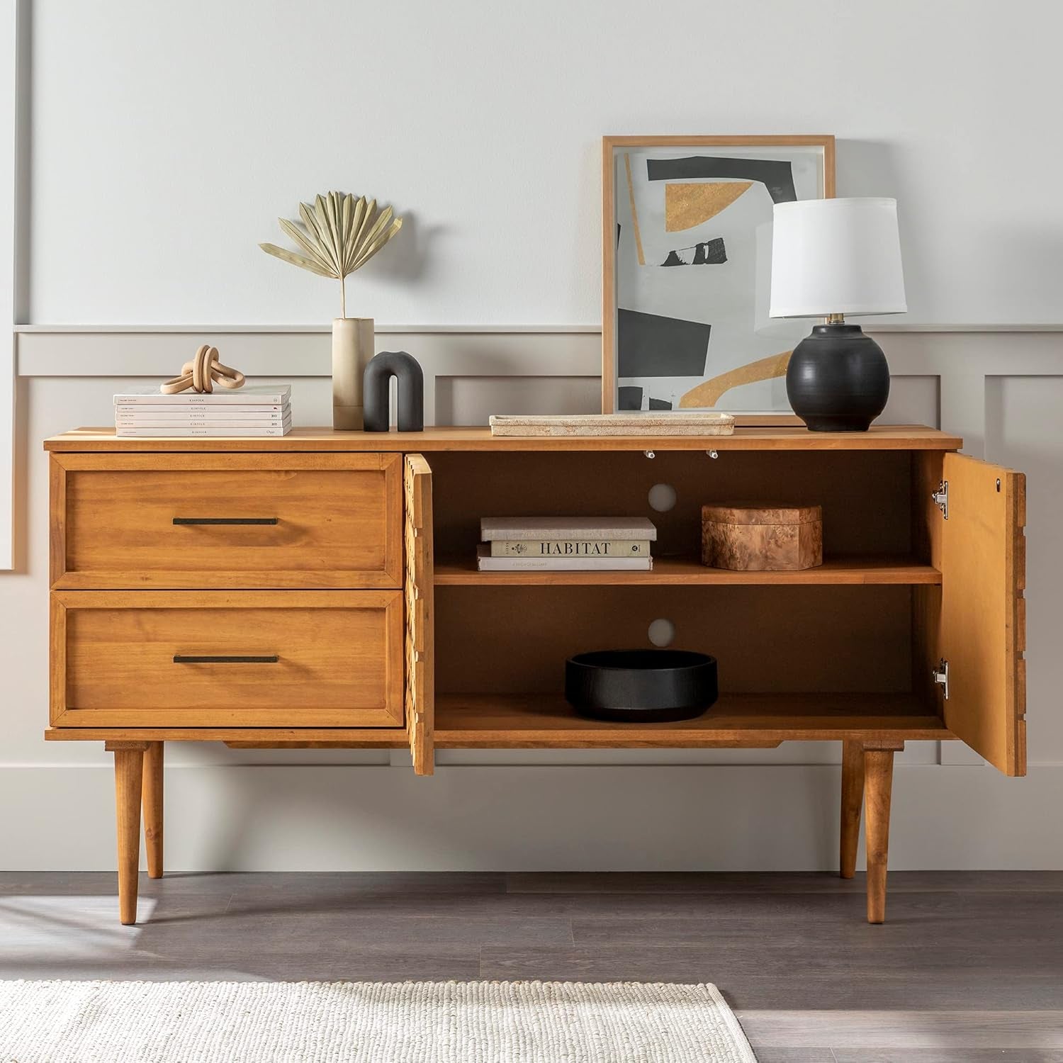 Deluca Boho Solid Wood 2 Door Sideboard with Prism Detail, 58 Inch, Caramel