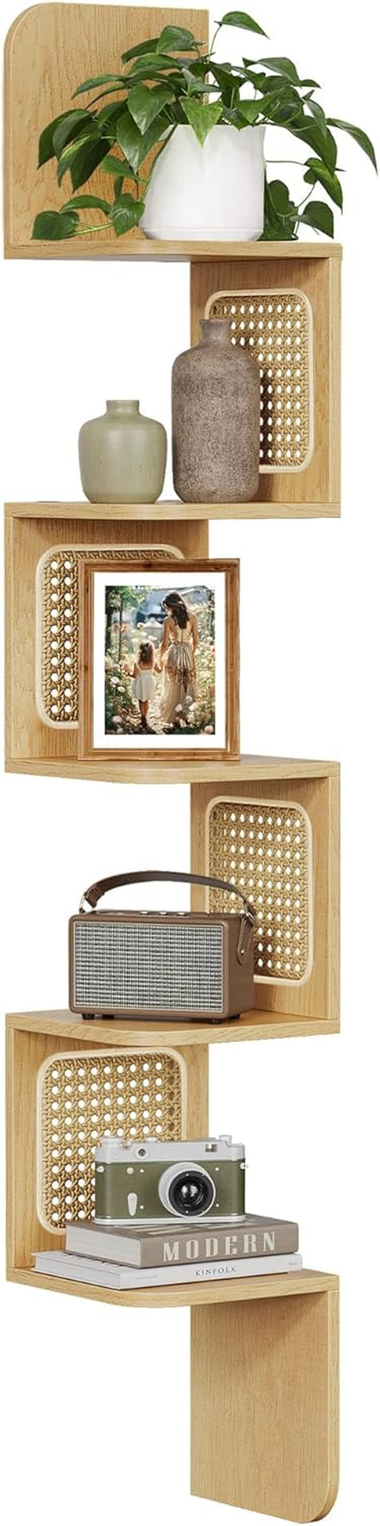 5-Tier Corner Shelf, Wall Mounted Floating Shelf, Zigzag Corner Shelf Unit, PVC Rattan Sides, Space-Saving, for Kitchen, Living Room, Bedroom, Boho Style, Oak Beige ULLS582Y57