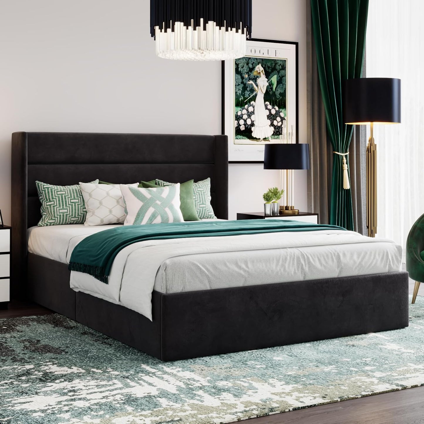 Queen Size Lift up Storage Bed/Velvet Upholstered/Modern Wingback Headboard/Upholstered Platform Bed Frame/Hydraulic Storage/No Box Spring Needed/Black