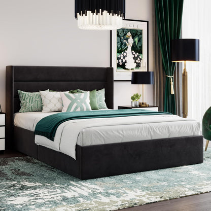 Queen Size Lift up Storage Bed/Velvet Upholstered/Modern Wingback Headboard/Upholstered Platform Bed Frame/Hydraulic Storage/No Box Spring Needed/Black
