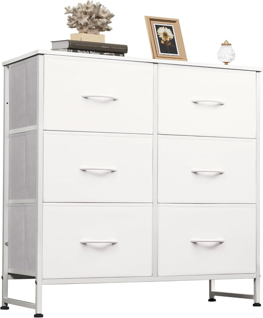White Dresser for Bedroom, 6 Drawer Double Dresser, Fabric Storage Tower with Fabric Bins, Chest of Drawers for Closet, Living Room, Hallway