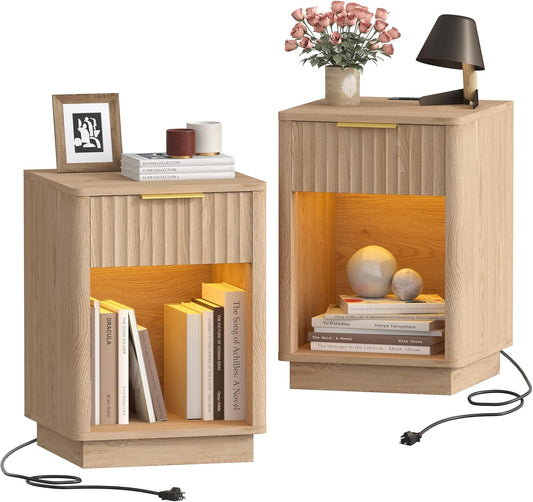 Fluted Nightstands Set of 2, Wooden Night Stand with Charging Station and LED Light, Modern Mid Century End Table with Drawer, 15" D X 15.7" W X 22.6" H, for Bedroom, Natural Oak