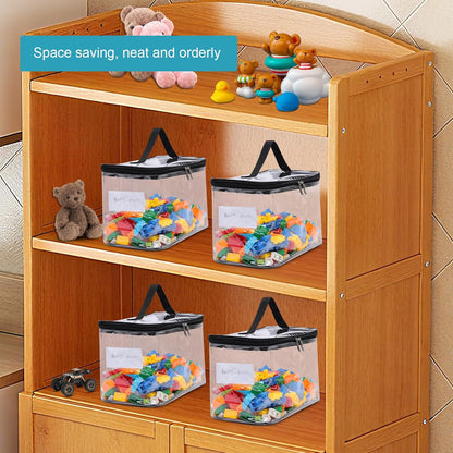 4 Pack Large Clear Storage Bags for Toys with Name Tag, Waterproof Duty PVC Toy Organizer Bag for Building Blocks, Board Games, Puzzles, Stationery and Other Small Items, Storage Bins(12.6X7.9×6.3 In)