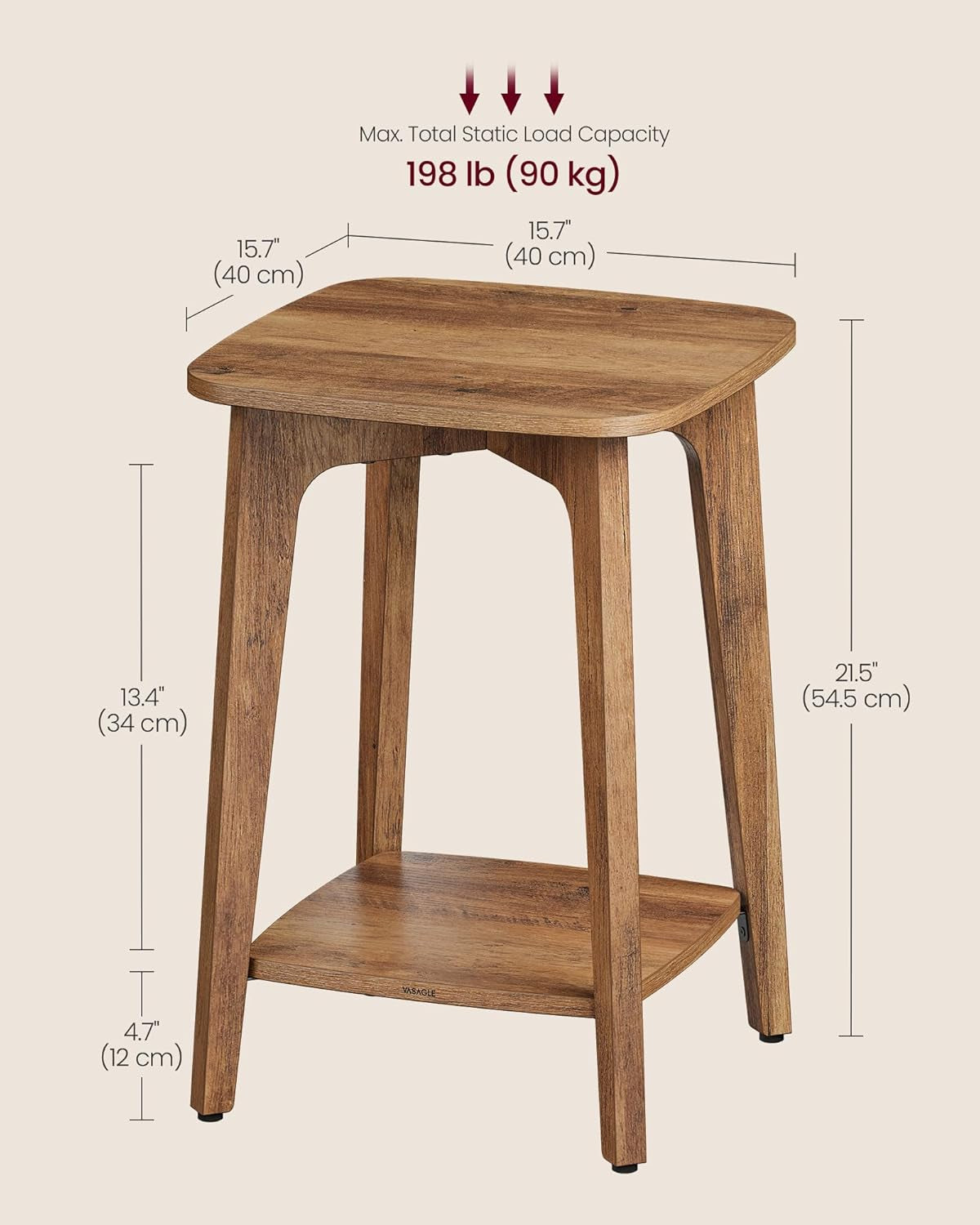 Side Table, Small Square End Table with Lower Shelf, Nightstand for Small Spaces, Living Room, Bedroom, Honey Brown ULET236K01