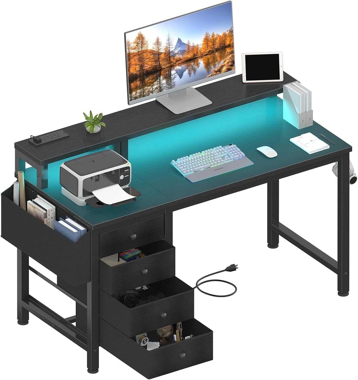 Gaming Desk with LED Lights and Power Outlets, 47 Inch Computer Desk with Fabric Drawers, Reversible Home Office Desk with Monitor Stand, Black