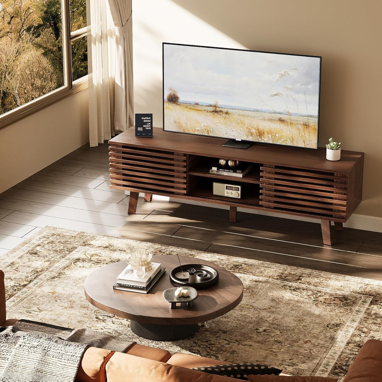 Mid-Century Modern TV Stand for 50/55/60 Inch TV, Retro Entertainment Center with Storage Cabinet & Sliding Door, TV Stand for Living Room, Bedroom