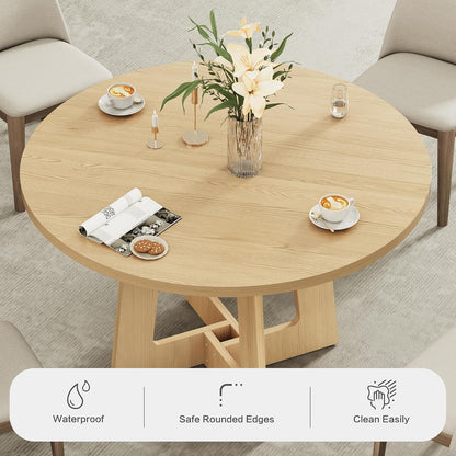 Round Dining Table for 4, Farmhouse Kitchen Table, Wooden Circle Table, 300Lb Capacity & Easy Assembly for Home Dining Room Kitchen Living Room (Natural Oak)