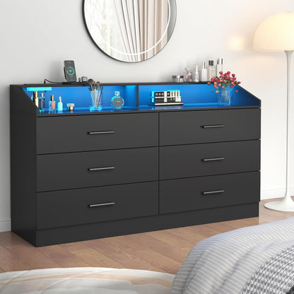 6 Drawer Dresser with Power Outlet, Chest of Drawers with LED Light, Modern Dresser with Open Storage Cubby, Double Wide Dressers Organizer for Bedroom, Living Room, Entryway, Hallway