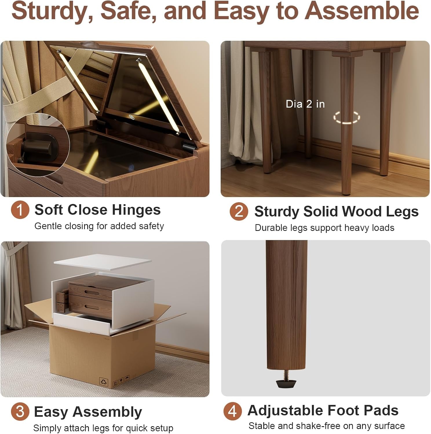 Solid Wood Small Vanity Desk with Flip Top Mirror, Brightness Adjustable Lights, Compact Vanity with Glass Top and Drawers, Slim Dressing Table for Small Space, Bedroom, Living Room, Walnut