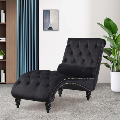 Chaise Lounge Indoor,Velvet Upholstered Lounge Chair Button-Tufted Armless Chair with Pillow, for Bedroom Living Room Office Modern Backrest Leisure Recliner Sleep Sofa,Black