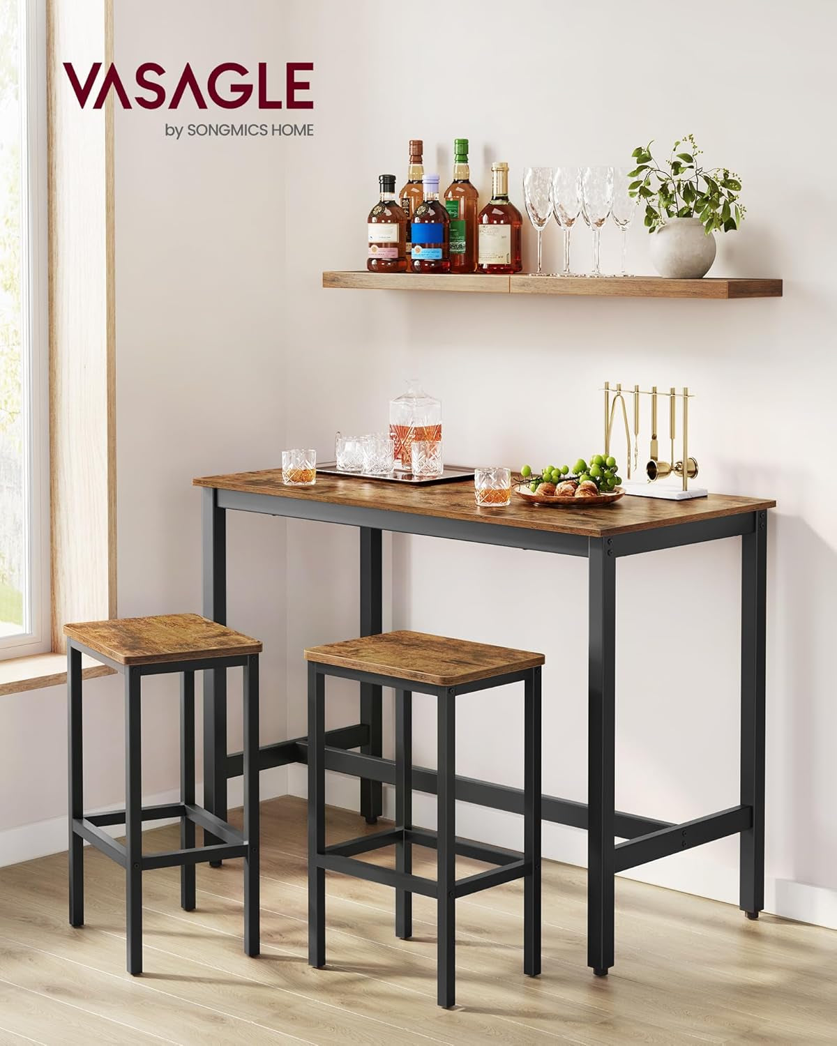 Bar Table Set, with 2 Bar Stools, Dining Table Set, Kitchen Counter with Bar Chairs, Industrial, Living Room, Party Room, Rustic Brown and Black ULBT15X