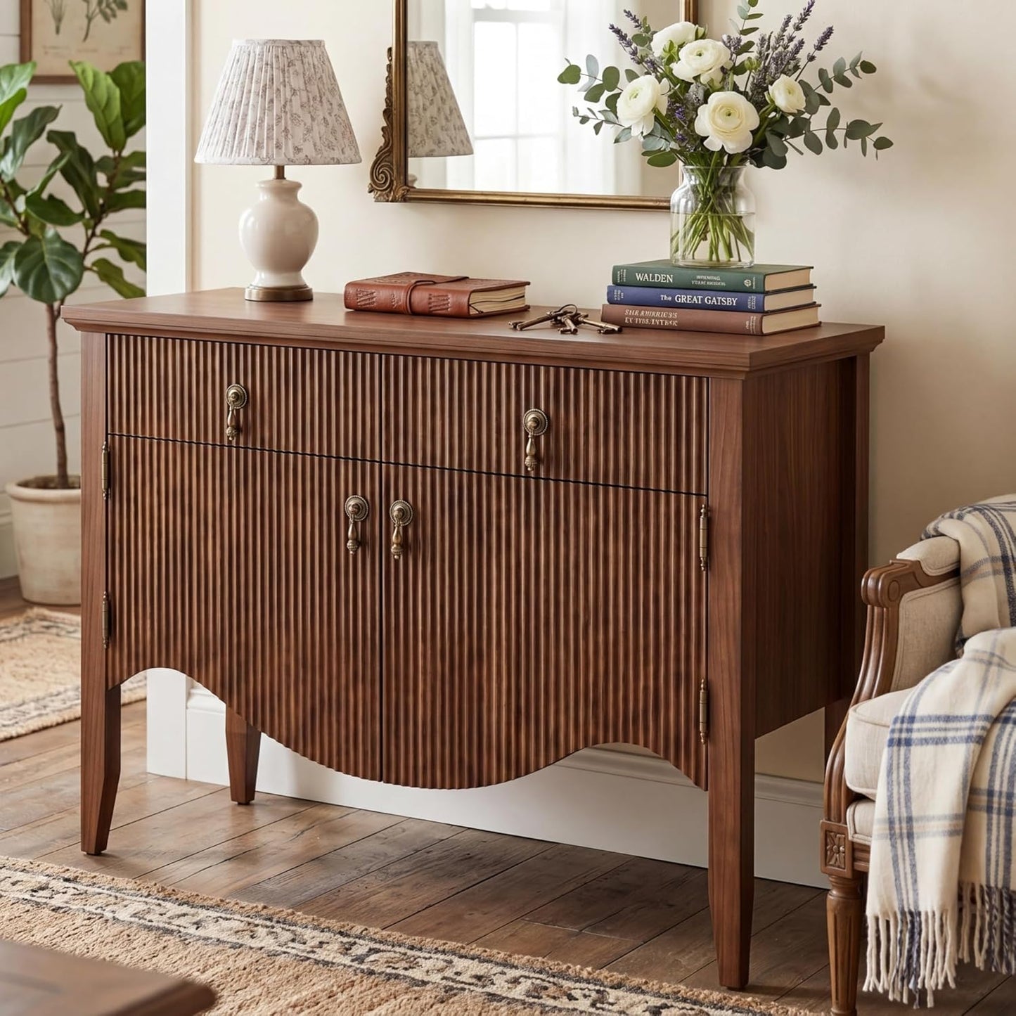 40" Retro Buffet Cabinet with Storage, Fluted Sideboard Credenza with Drawer, Accent Bar Cabinet for Living Room Furniture, Coffee Bar or Entryway, Dining Room, Walnut