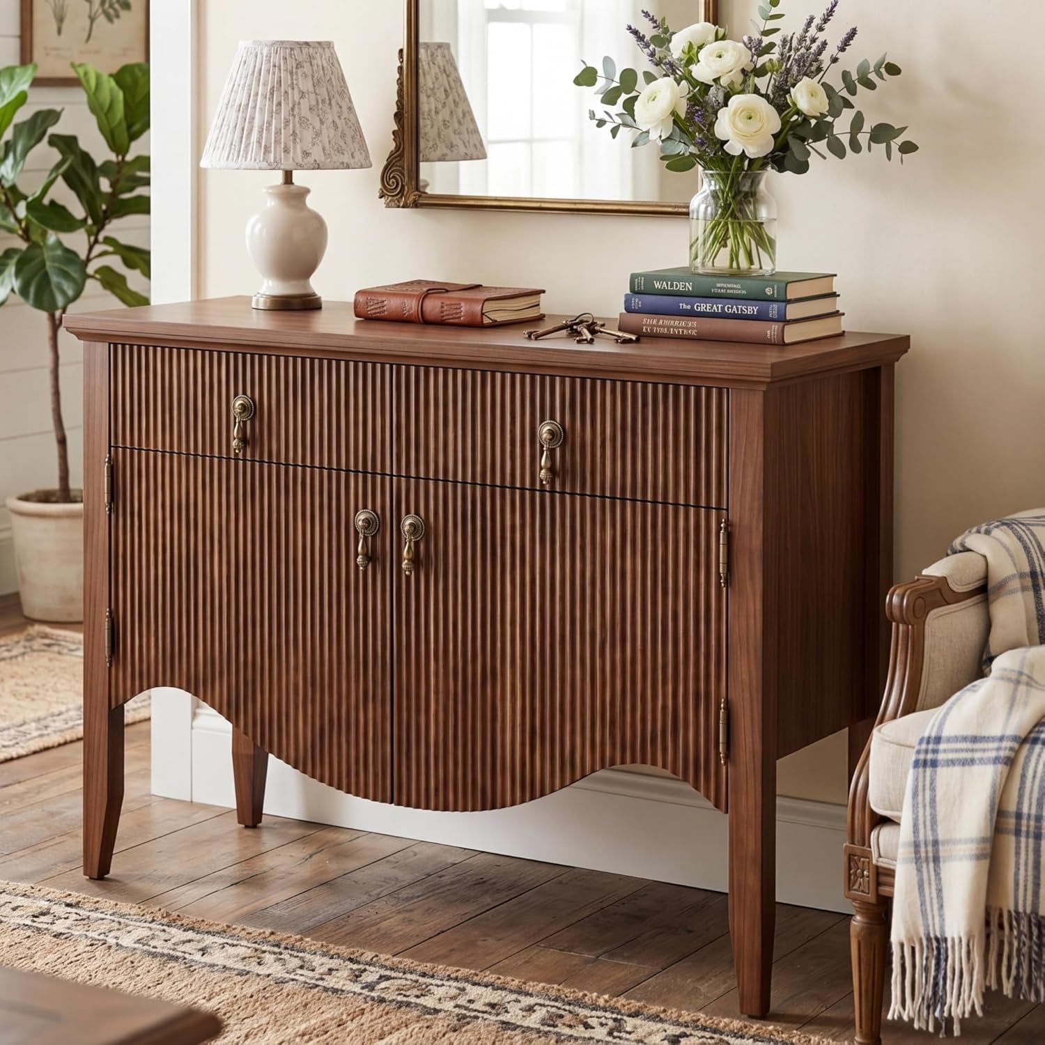40" Retro Buffet Cabinet with Storage, Fluted Sideboard Credenza with Drawer, Accent Bar Cabinet for Living Room Furniture, Coffee Bar or Entryway, Dining Room, Walnut