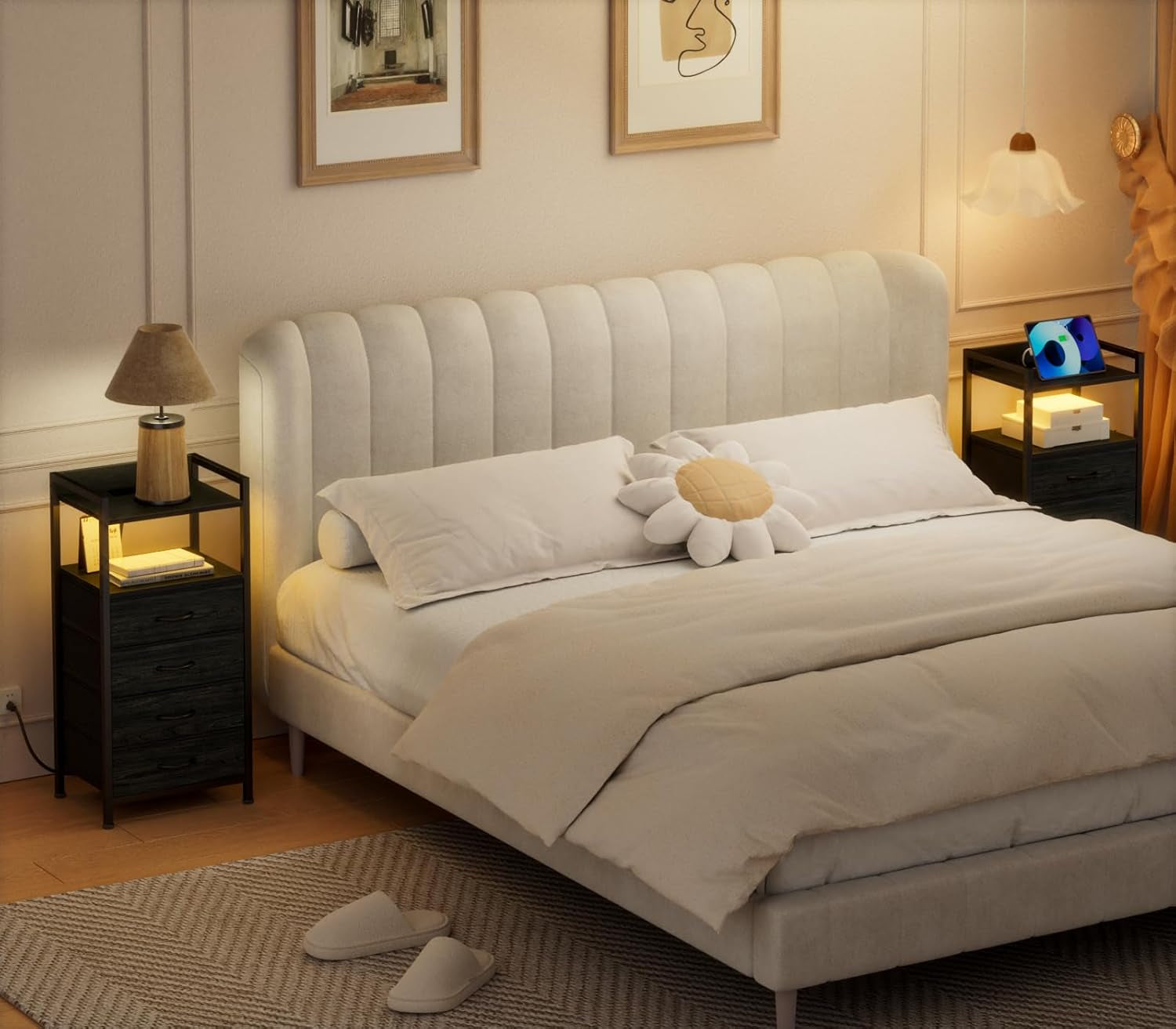 Night Stand with Charging Station, Black Nightstand with Drawers and Led Light, Tall Dresser for Bedroom, Bedside Table with Fabric Storage Bins, Metal Frame, Wood Furniture