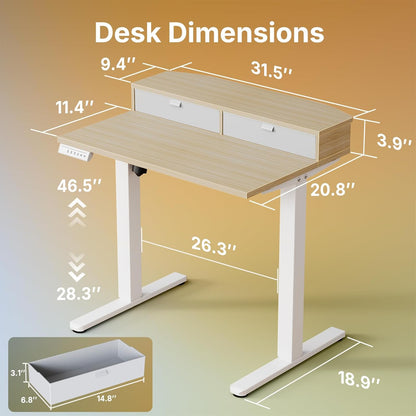 32 X 21 Inch Small Electric Standing Desk with 2 Drawers, C-Clamp Mount Compatible, Height Adjustable Sit Stand Desk, Home Office Stand up Desk with 4 Memory Height Settings, Light Walnut