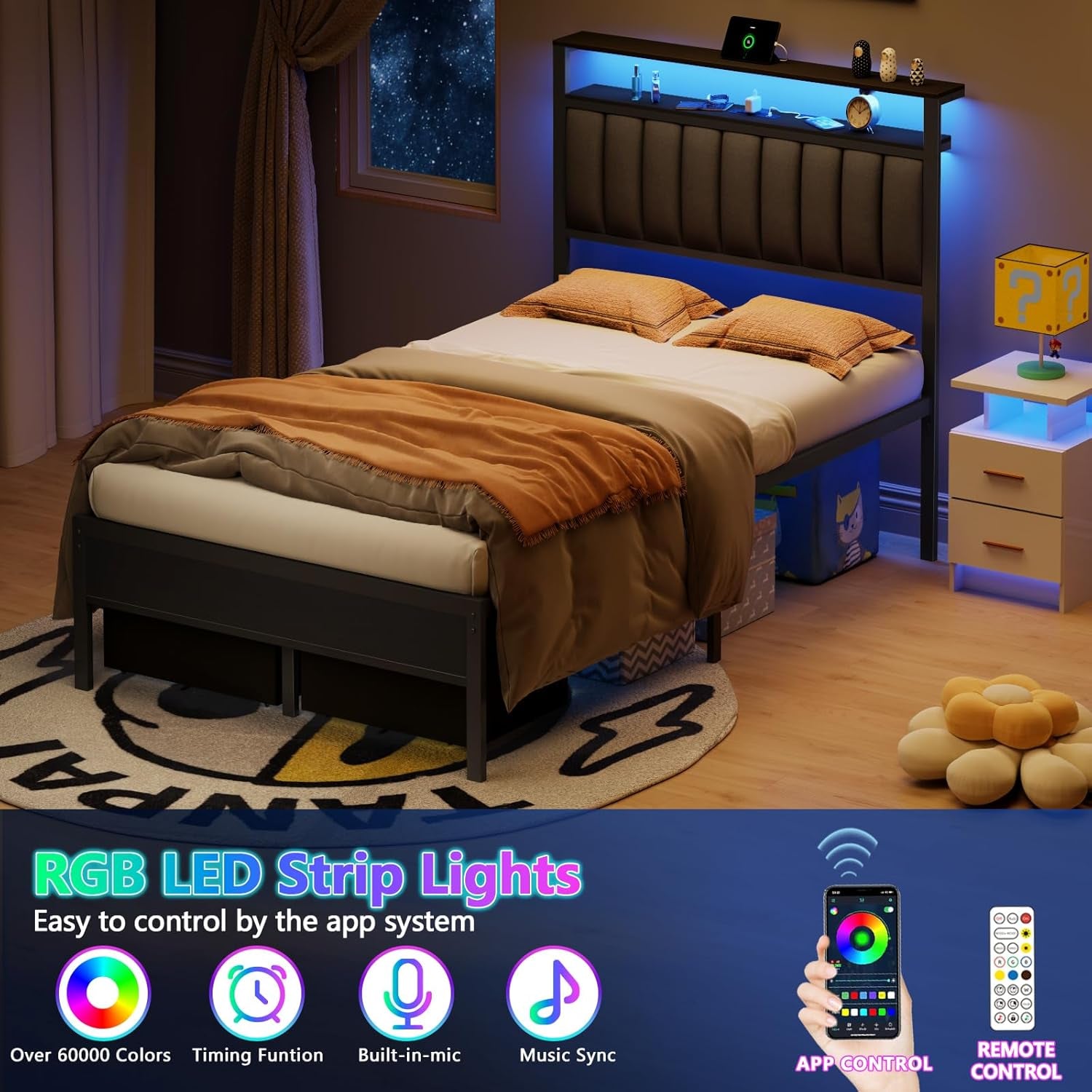 Full Size Bed Frame with Charging Station and LED Lights, Grey Upholstered Headboard with Shelves, Metal Platform Bed with 2 Under-Bed Storage (Fabric Drawer on Wheels), No Box Spring Needed