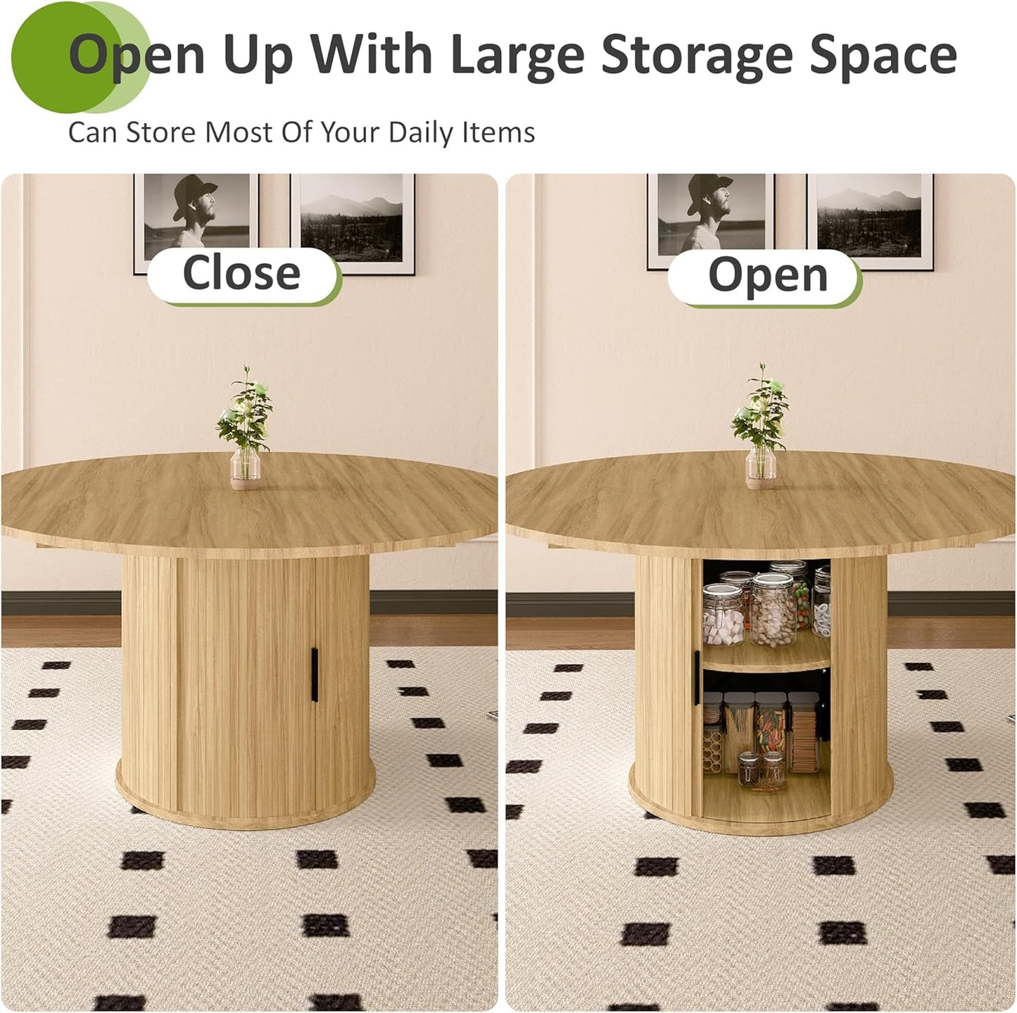 Extendable round Dining Table for 4-6-8, 59 Inch Dining Room Kitchen Table with 2-Tier Storage Shelf, Modern Farmhouse Fluted Wood Slide Door Dinner Furniture,Oval Circle,Oak