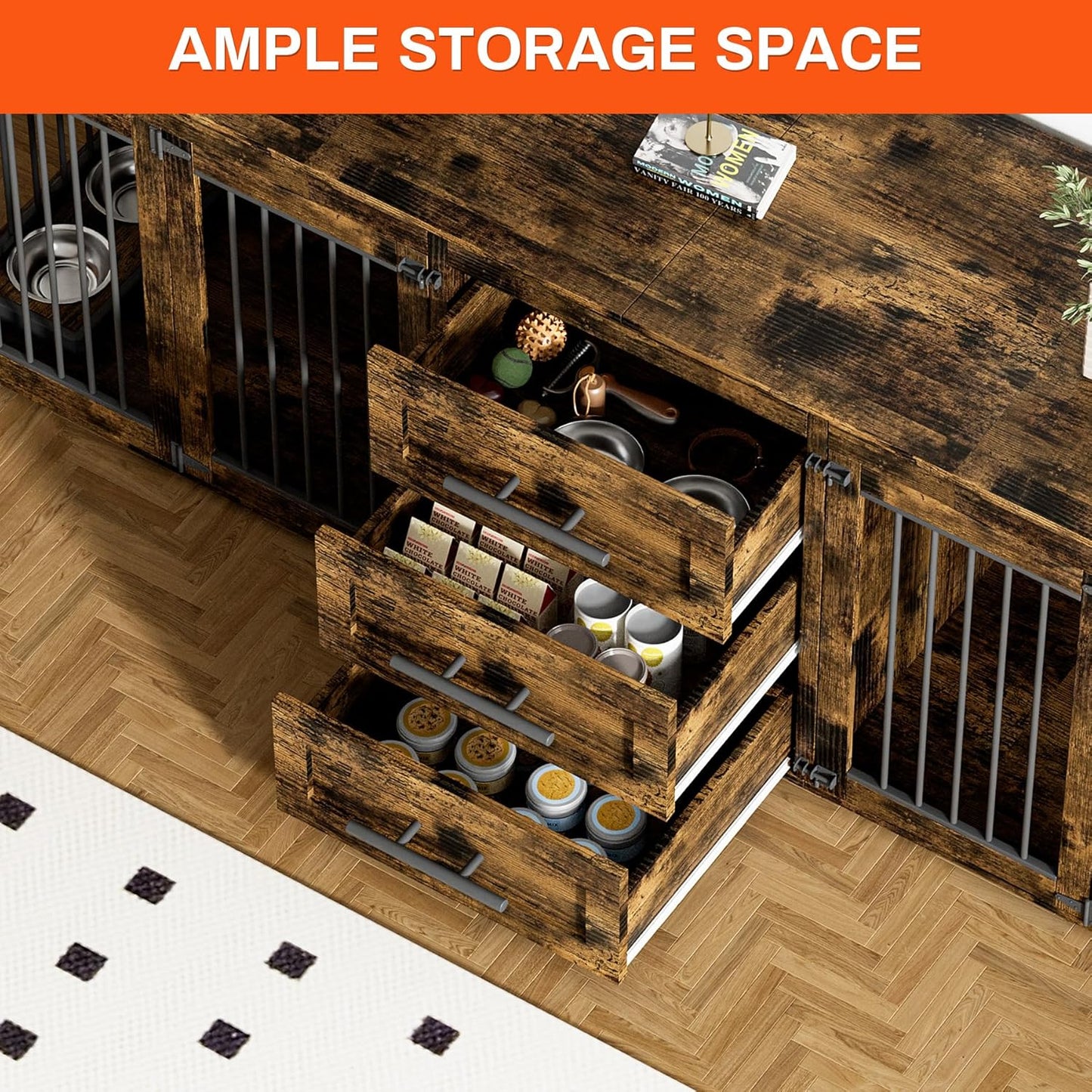 94.5" Dog Crate Furniture for 2 Dogs, Large Dog Kennel Furniture with 3 Storage Drawer, Wooden Dog Cage with 4 Bowls, Indoor Dog House TV Stand with Locks for Large Medium Dog, White Brown