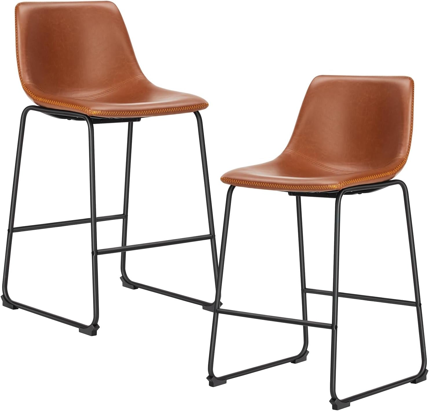 26 Inch Counter Height Bar Stools Set of 2, Modern Faux Leather High Barstools with Back and Metal Leg, Bar Chairs for Kitchen Island, Elegant Brown