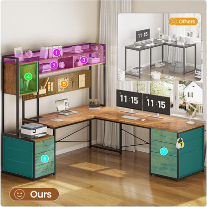 L Shaped Gaming Desk with 6 Drawers, Reversible Computer Office Desk with File Drawer, Hutch, Storage Shelves, Gaming Corner Desk with Led Lights, Power Outlet for Two Person, Rustic Brown
