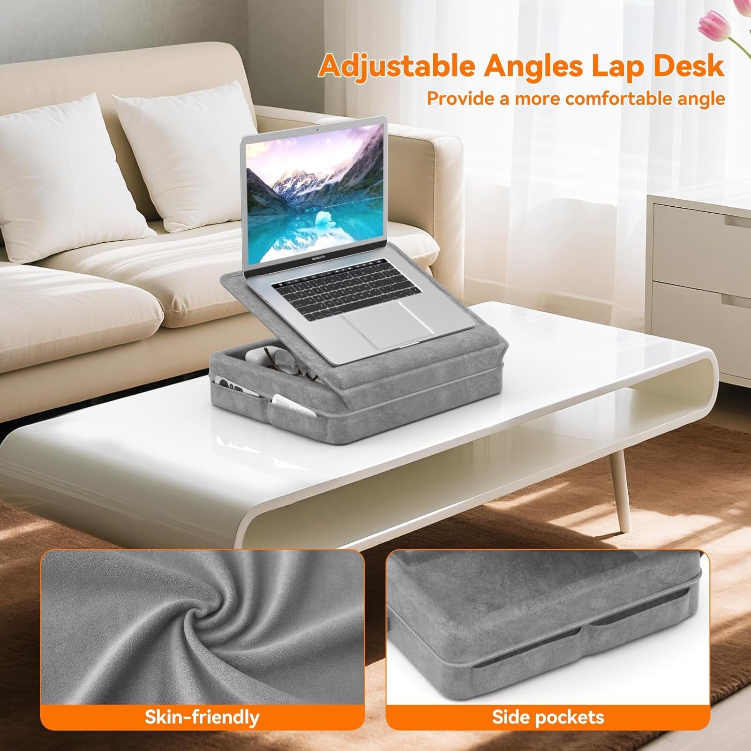 Laptop Lap Desk with Cushion, Laptop Table with Storage for Bed & Sofa, Adjustable Lap Pillow Stand with Anti-Slip Strip & Cell Phone/Tablet Slot for Home Office College