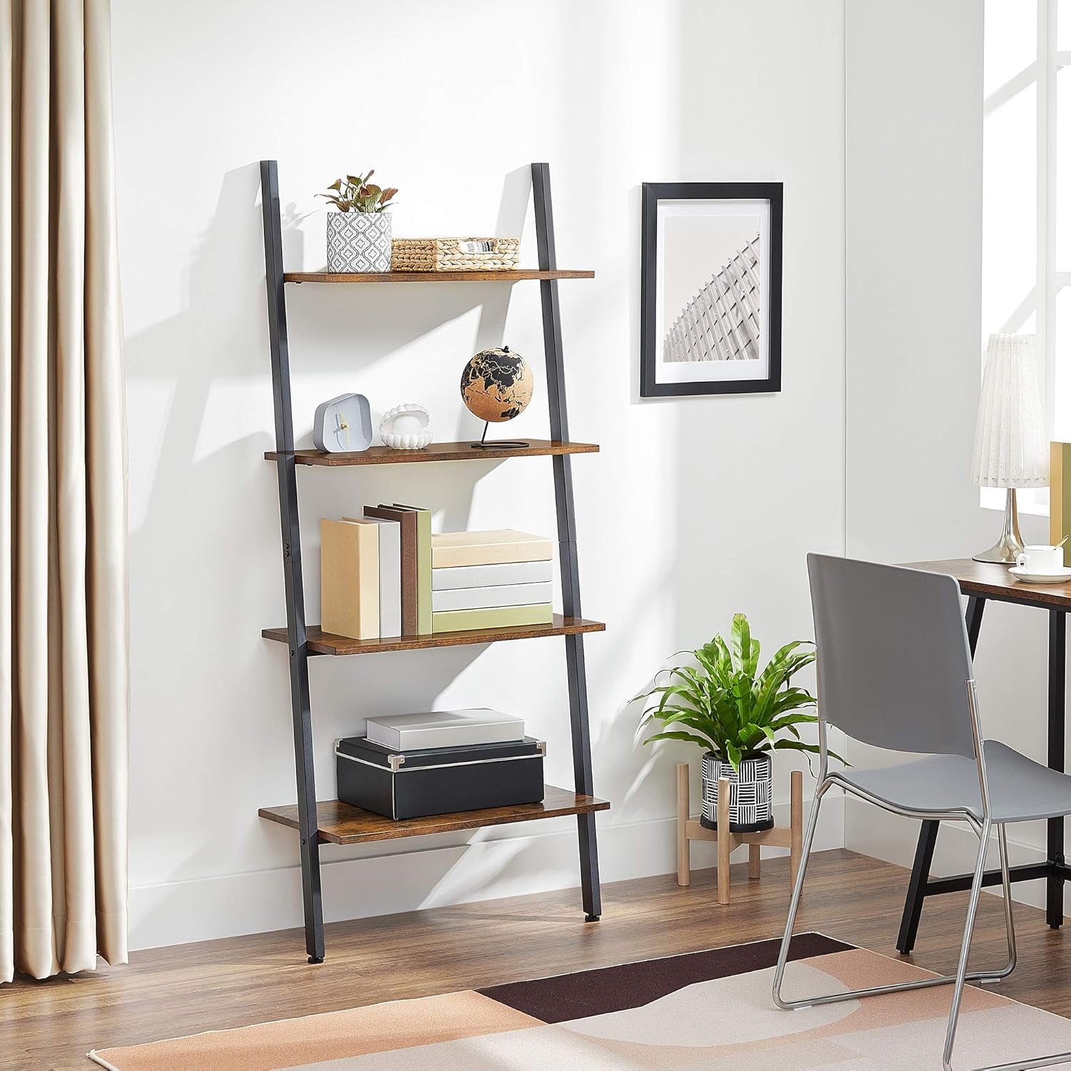 Ladder Shelf, 4-Tier Bookshelf, Storage Rack Shelves, for Living Room, Kitchen, Office, Steel, Stable, Sloping, Leaning against the Wall, Industrial, Rustic Brown and Black