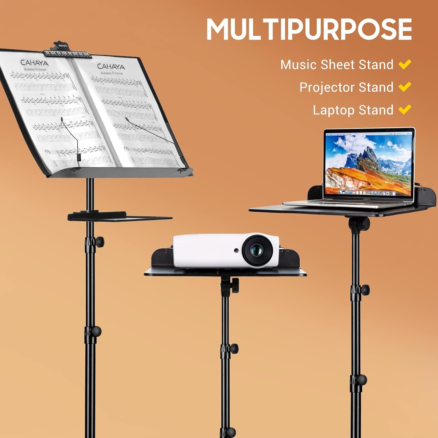 Dual Use Sheet Music Stand with Clamp-On Tray & Desktop Book Stand with Carrying Bag, Sheet Music Folder, Music Stand with Shelf, and Clip for Guitar, Ukulele, Violin Players CY0194+CY0320