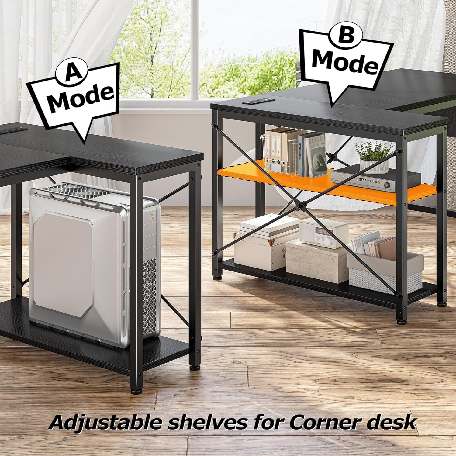 48" L Shaped Desk Office Desk with Power Outlets,Computer Desk with Reversible Storage Shelves & Side Bag,Small Gaming Desk for Gaming Working Small Space Home Office Bedroom,Black