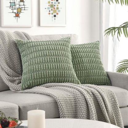 Pack of 2 Sage Green Decorative Throw Pillow Covers 18X18 Inch, Soft Corduroy Striped Square Cushion Cases, Modern Farmhouse Boho Home Decor for Spring Couch Bed Sofa Living Room